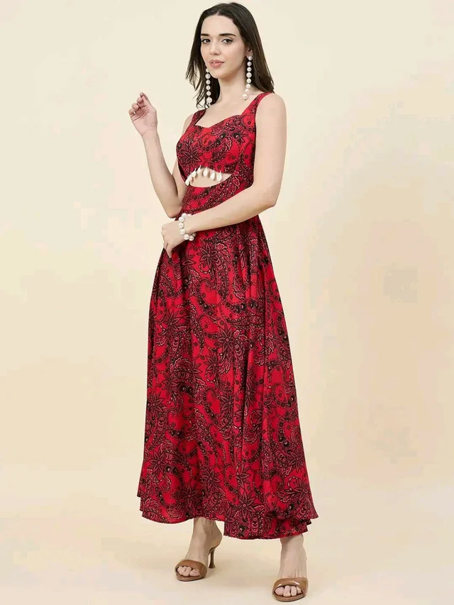 Women Ethnic Motifs Printed Cut-Outs Crepe Fit & Flare Dress - XL, Red