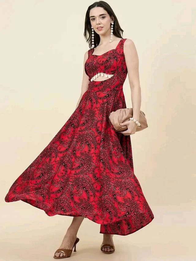 Women Ethnic Motifs Printed Cut-Outs Crepe Fit & Flare Dress - XL, Red