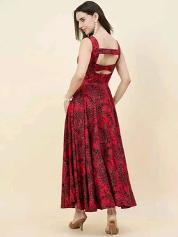 Women Ethnic Motifs Printed Cut-Outs Crepe Fit & Flare Dress - XL, Red