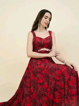 Women Ethnic Motifs Printed Cut-Outs Crepe Fit & Flare Dress - XL, Red