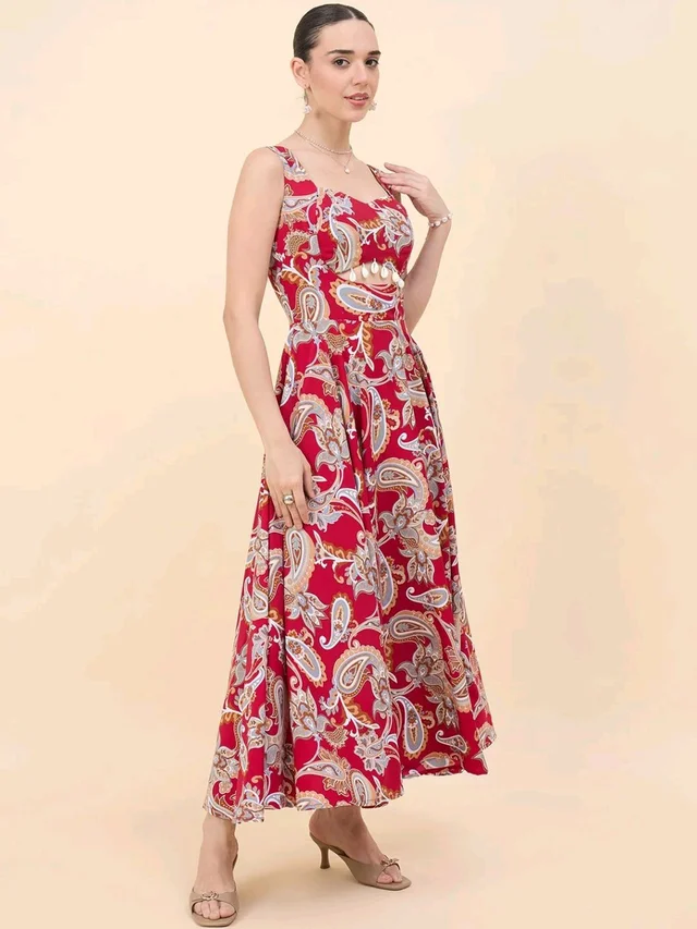 Women Ethnic Motifs Printed Cut-Outs Crepe Fit & Flare Dress - XL, Shiraz