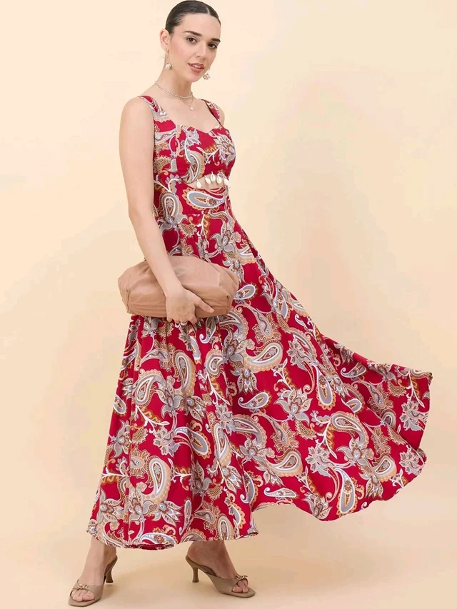 Women Ethnic Motifs Printed Cut-Outs Crepe Fit & Flare Dress - XL, Shiraz