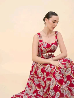 Women Ethnic Motifs Printed Cut-Outs Crepe Fit & Flare Dress - XL, Shiraz