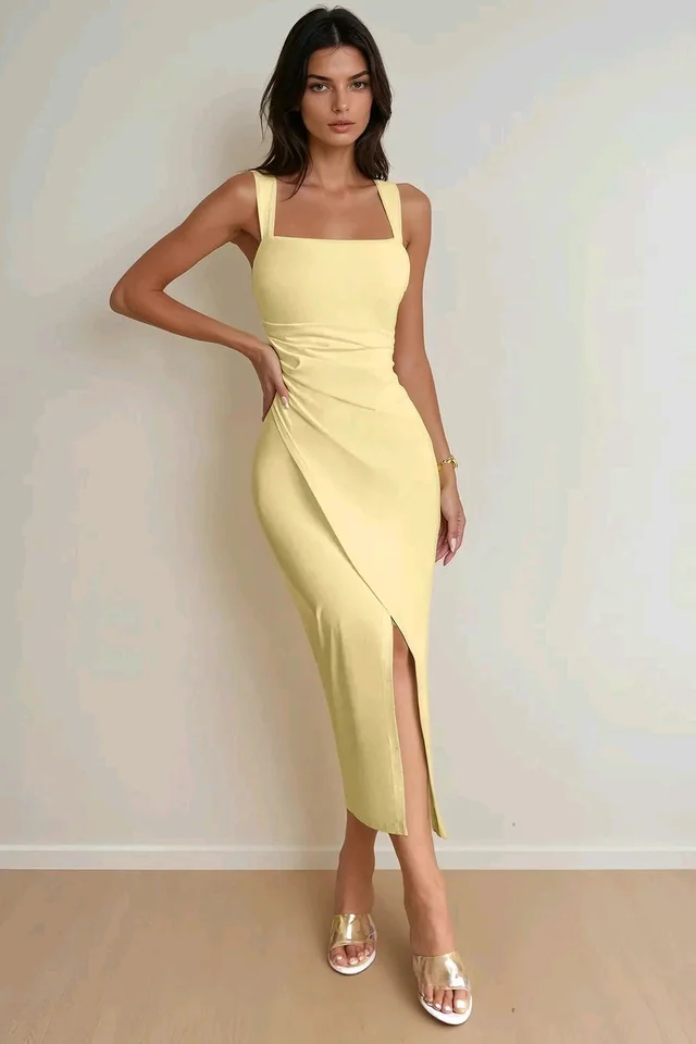 Pastel Yellow Bodycon Midi Dress - M, Picasso