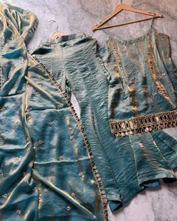 Ready To Wear Fendy Silk Embroidered Mirror Work Top with Sharara Plazzo and Dupatta
- M, Pelorous