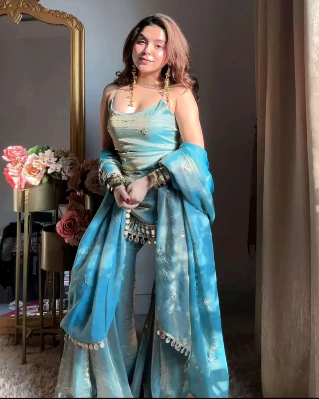 Ready To Wear Fendy Silk Embroidered Mirror Work Top with Sharara Plazzo and Dupatta
- S, Pelorous