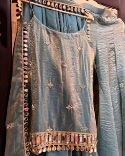 Ready To Wear Fendy Silk Embroidered Mirror Work Top with Sharara Plazzo and Dupatta
- S, Pelorous