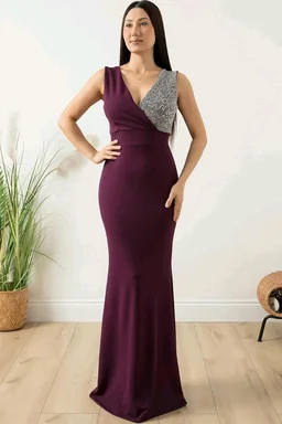 Elegant Evening Gown, V-Neck Sequin Bodice, Floor Length Black Mermaid Dress - S, purple