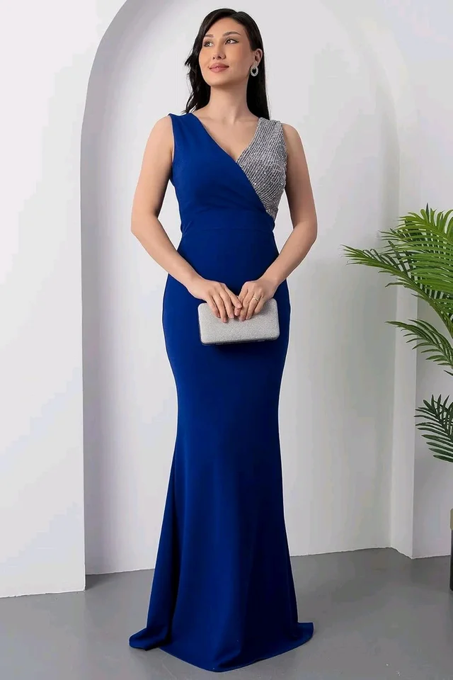 Elegant Evening Gown, V-Neck Sequin Bodice, Floor Length Black Mermaid Dress - S, Blue
