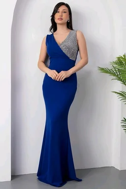 Elegant Evening Gown, V-Neck Sequin Bodice, Floor Length Black Mermaid Dress - S, Blue