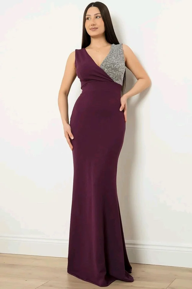 Elegant Evening Gown, V-Neck Sequin Bodice, Floor Length Black Mermaid Dress - S, Maroon
