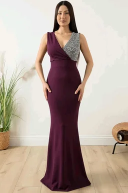 Elegant Evening Gown, V-Neck Sequin Bodice, Floor Length Black Mermaid Dress - S, Maroon