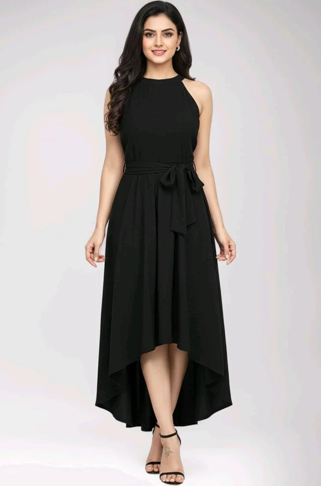 Nuventex Women's Polyster Solid Helter Neck Sleeveless Dresses - L, Black