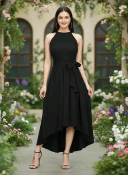 Nuventex Women's Polyster Solid Helter Neck Sleeveless Dresses - L, Black