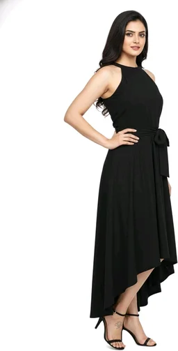 Nuventex Women's Polyster Solid Helter Neck Sleeveless Dresses - L, Black