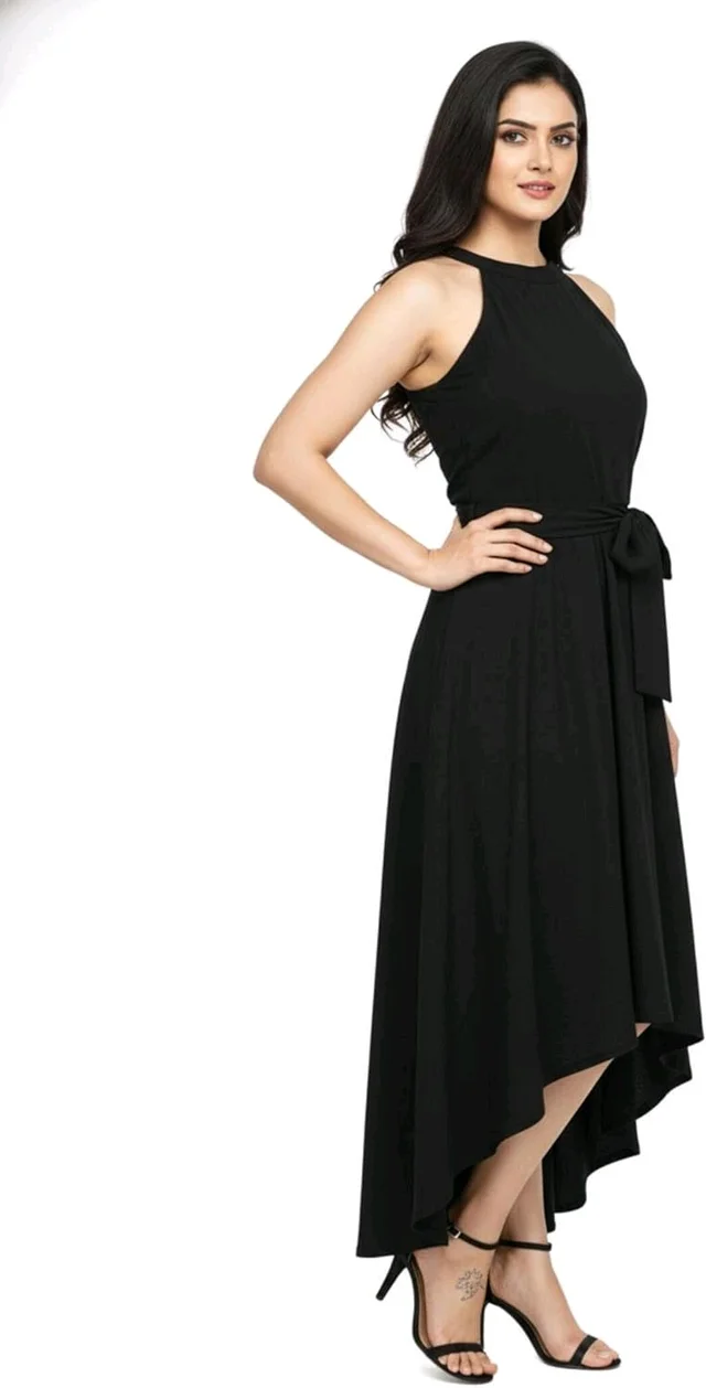 Nuventex Women's Polyster Solid Helter Neck Sleeveless Dresses - L, Black