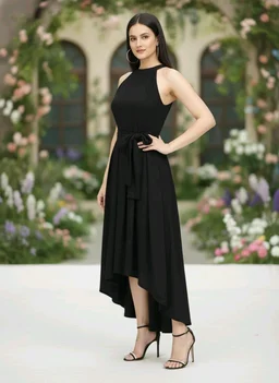 Nuventex Women's Polyster Solid Helter Neck Sleeveless Dresses - L, Black