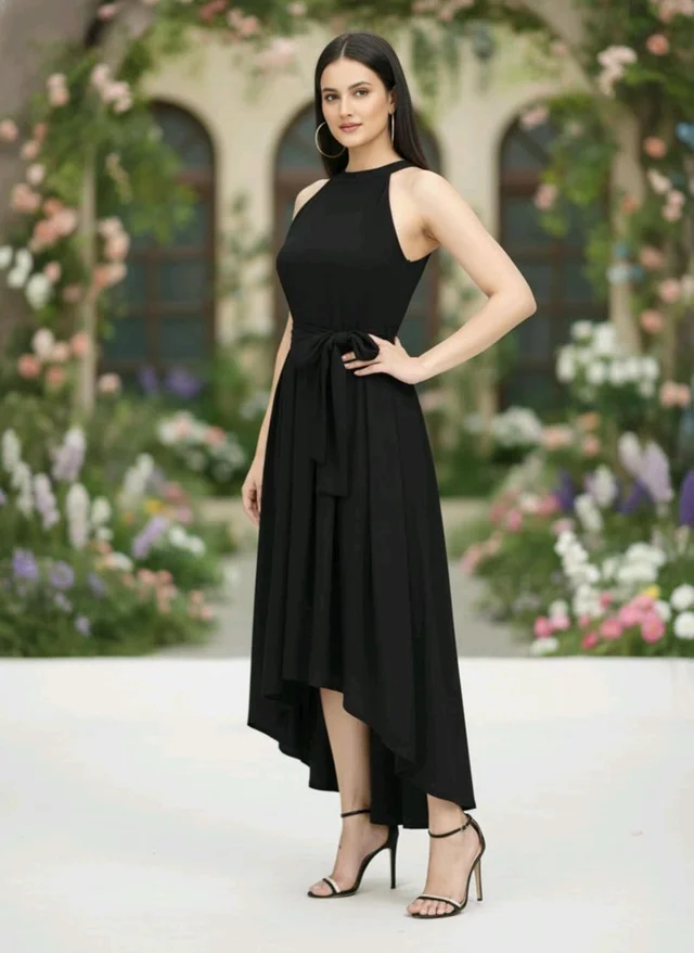 Nuventex Women's Polyster Solid Helter Neck Sleeveless Dresses - L, Black