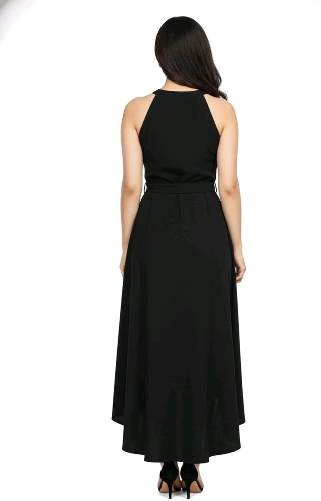 Nuventex Women's Polyster Solid Helter Neck Sleeveless Dresses - L, Black