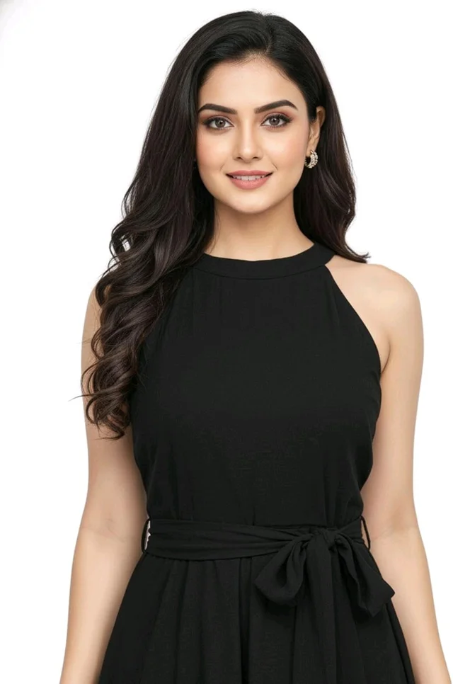 Nuventex Women's Polyster Solid Helter Neck Sleeveless Dresses - L, Black