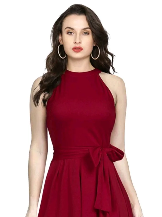 Nuventex Women's Polyster Solid Helter Neck Sleeveless Dresses - L, Maroon