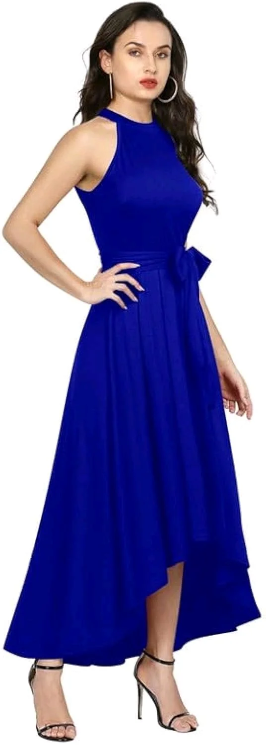 Nuventex Women's Polyster Solid Helter Neck Sleeveless Dresses - L, Blue