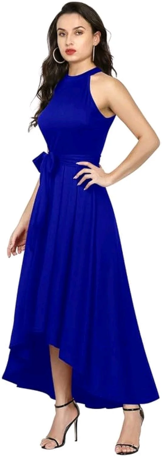 Nuventex Women's Polyster Solid Helter Neck Sleeveless Dresses - L, Blue