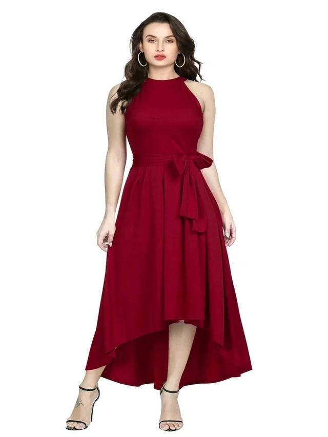 Nuventex Women's Polyster Solid Helter Neck Sleeveless Dresses - M, Maroon