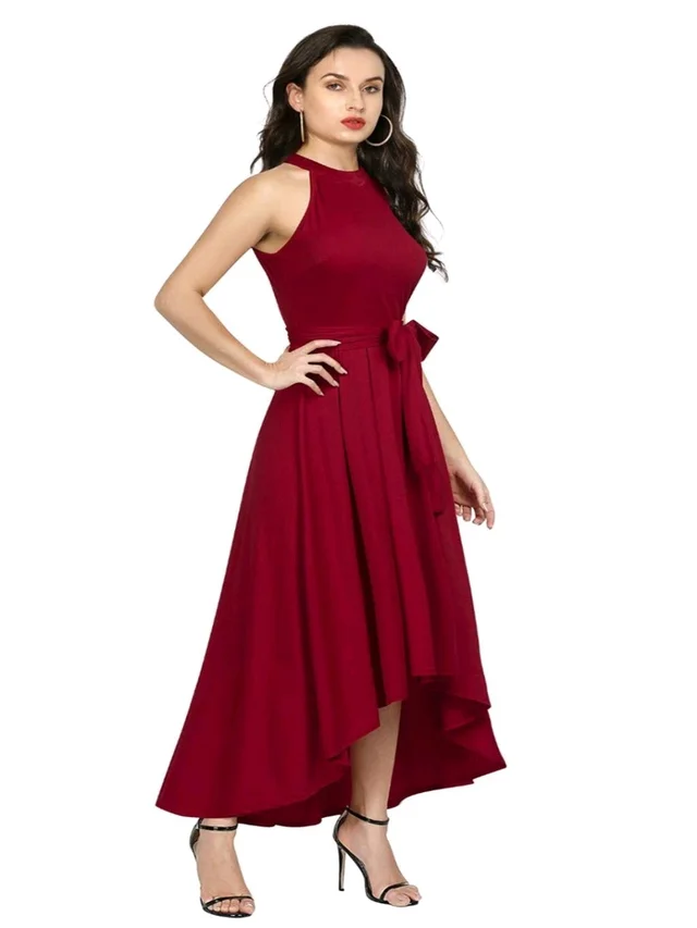 Nuventex Women's Polyster Solid Helter Neck Sleeveless Dresses - M, Maroon