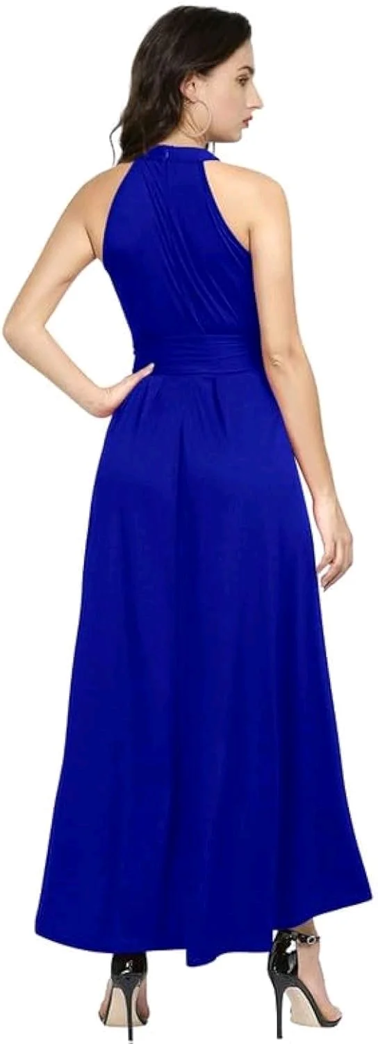 Nuventex Women's Polyster Solid Helter Neck Sleeveless Dresses - M, Blue
