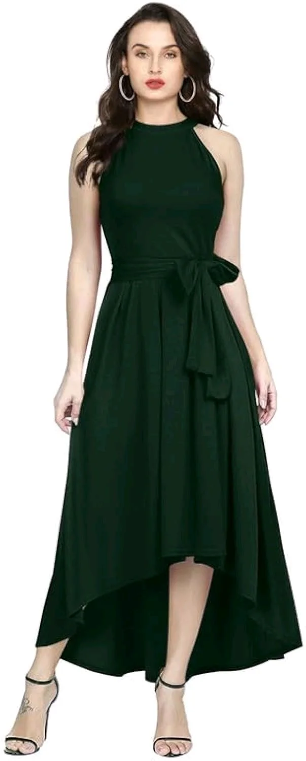 Nuventex Women's Polyster Solid Helter Neck Sleeveless Dresses - S, Green