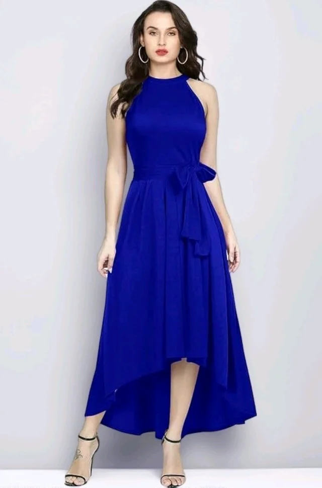 Nuventex Women's Polyster Solid Helter Neck Sleeveless Dresses - S, Blue
