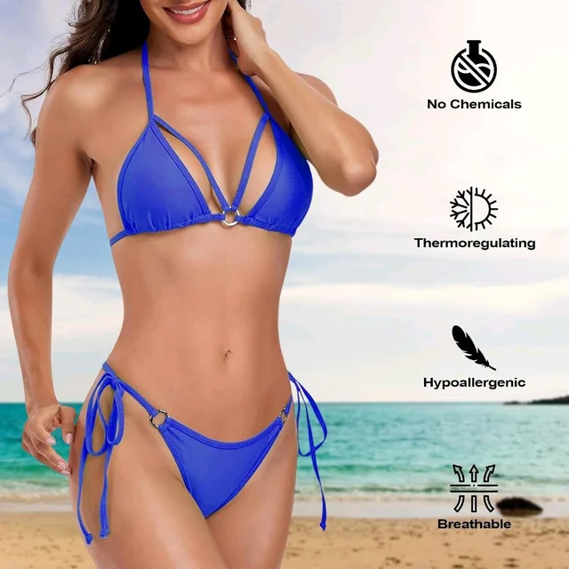 Microbikini Thong Swimsuit Set with Metal Accessories | Bikini Set - L, Blue