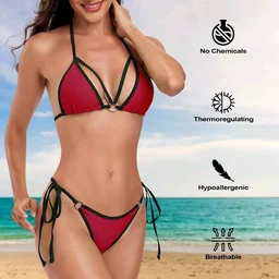 Microbikini Thong Swimsuit Set with Metal Accessories | Bikini Set - XL, Carmine