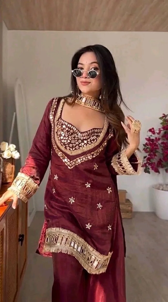 LookMark Women's Chinon Printed Kurta Set | Kurti with Pants | Ethnic Traditional Outfit - L, Wine