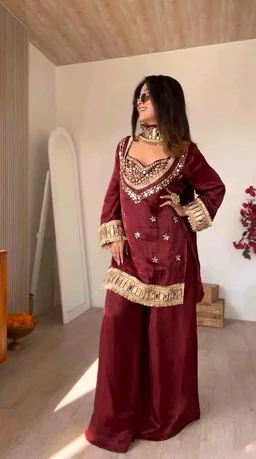 LookMark Women's Chinon Printed Kurta Set | Kurti with Pants | Ethnic Traditional Outfit - XL, Wine