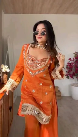 LookMark Women's Chinon Printed Kurta Set | Kurti with Pants | Ethnic Traditional Outfit - XXL, Orange