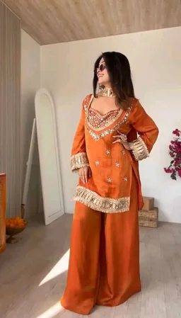 LookMark Women's Chinon Printed Kurta Set | Kurti with Pants | Ethnic Traditional Outfit - XXL, Orange