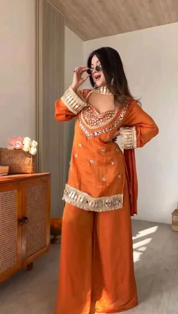 LookMark Women's Chinon Printed Kurta Set | Kurti with Pants | Ethnic Traditional Outfit - XXL, Orange