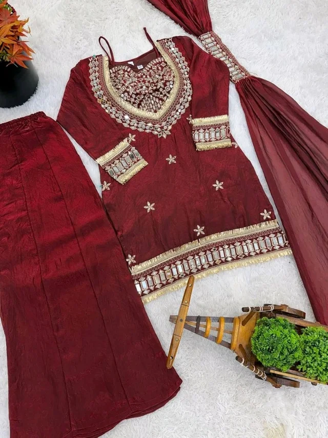 LookMark Women's Chinon Printed Kurta Set | Kurti with Pants | Ethnic Traditional Outfit - XXL, Wine