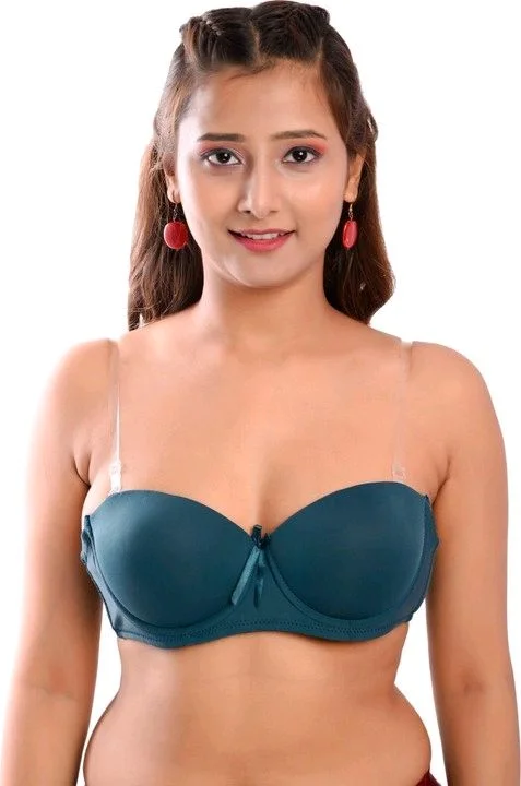 Women's Poly Cotton Padded Wired Push-Up Bra Stylish Backless Transparent Strap T-Shirt's Bra - 30A, Forest Green
