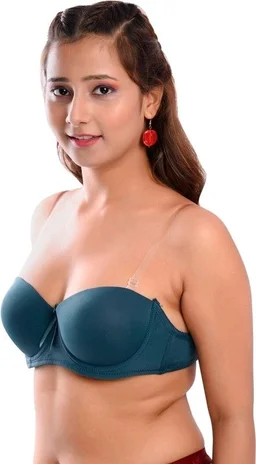 Women's Poly Cotton Padded Wired Push-Up Bra Stylish Backless Transparent Strap T-Shirt's Bra - 30A, Forest Green