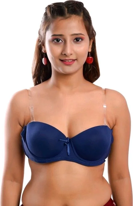 Women's Poly Cotton Padded Wired Push-Up Bra Stylish Backless Transparent Strap T-Shirt's Bra - 30A, Navy Blue