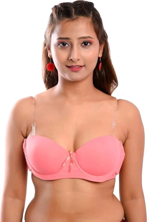 Women's Poly Cotton Padded Wired Push-Up Bra Stylish Backless Transparent Strap T-Shirt's Bra - 30A, Pink Salmon