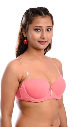 Women's Poly Cotton Padded Wired Push-Up Bra Stylish Backless Transparent Strap T-Shirt's Bra - 30A, Pink Salmon