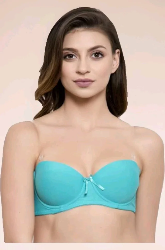 Women's Poly Cotton Padded Wired Push-Up Bra Stylish Backless Transparent Strap T-Shirt's Bra - 30A, Aqua Blue