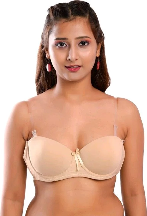 Women's Poly Cotton Padded Wired Push-Up Bra Stylish Backless Transparent Strap T-Shirt's Bra - 30B, Beige