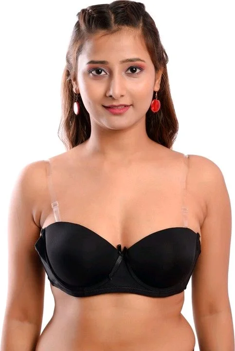Women's Poly Cotton Padded Wired Push-Up Bra Stylish Backless Transparent Strap T-Shirt's Bra - 30B, Black