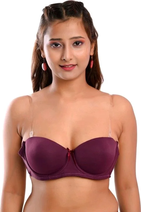 Women's Poly Cotton Padded Wired Push-Up Bra Stylish Backless Transparent Strap T-Shirt's Bra - 32A, Wine Berry