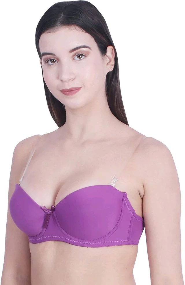 Women's Poly Cotton Padded Wired Push-Up Bra Stylish Backless Transparent Strap T-Shirt's Bra - 32A, Fuchsia Pink